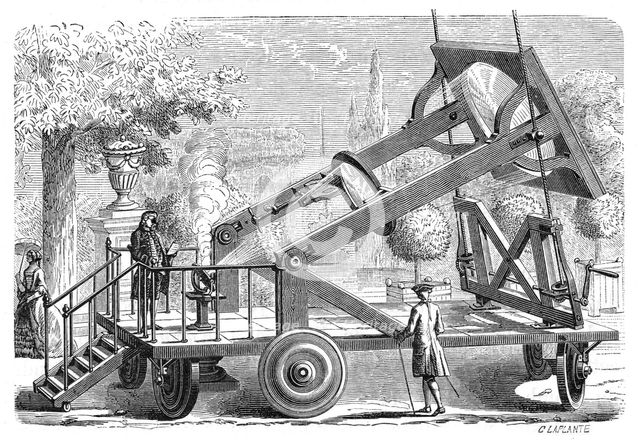 Giant burning glass of the Academie des Sciences, Paris, 18th century, (1874).  Creators: Amedee Guillemin, Unknown.