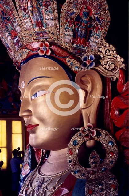 Giant gold Maitreya Buddha statue, Thiksey Monastery, Ladakh, India, 1988. Creator: Amanda Waite.