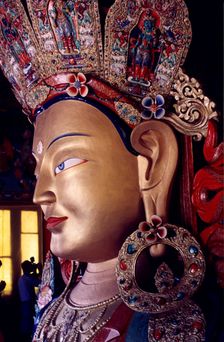 Giant gold Maitreya Buddha statue, Thiksey Monastery, Ladakh, India, 1988. Creator: Amanda Waite