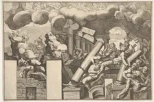 Giants crushed by rocks and the falling columns of the temple, clouds of smoke above..., ca. 1680. Creator: Pietro Santi Bartoli