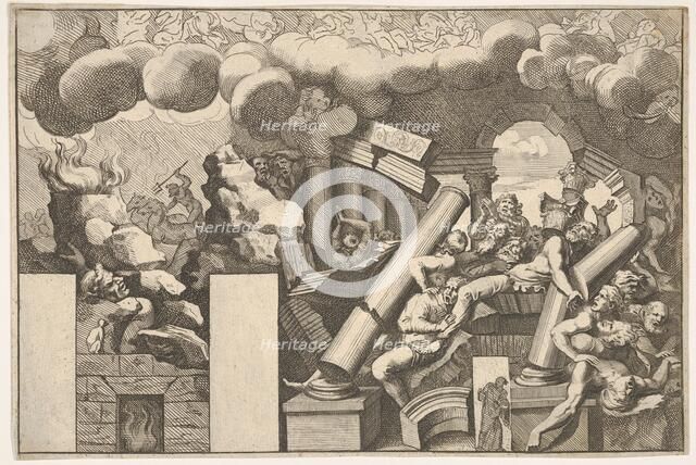 Giants crushed by rocks and the falling columns of the temple, clouds of smoke above..., ca. 1680. Creator: Pietro Santi Bartoli.