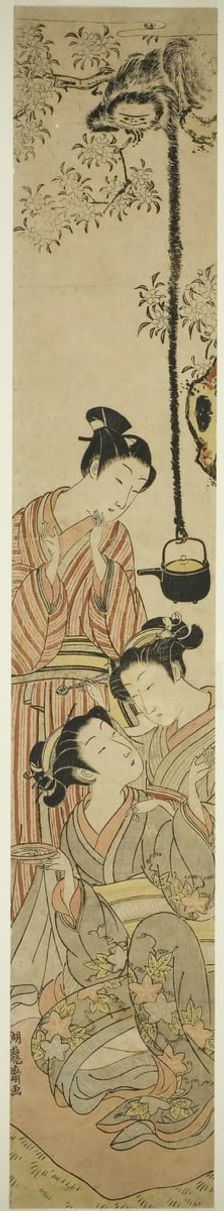 Gibbon snatching sake pot from flower-viewing party, c. 1772. Creator: Isoda Koryusai