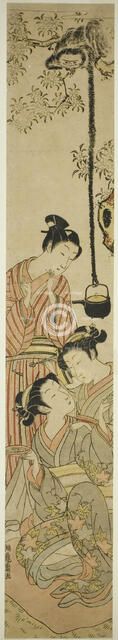 Gibbon snatching sake pot from flower-viewing party, c. 1772. Creator: Isoda Koryusai.