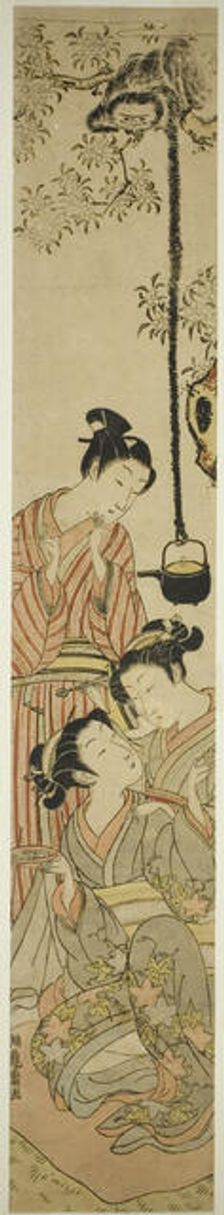 Gibbon snatching sake pot from flower-viewing party, c. 1772. Creator: Isoda Koryusai