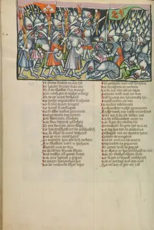 Gideon Attacking the Midianites at Night; Weltchronik, about 1400-1410. Creator: Unknown