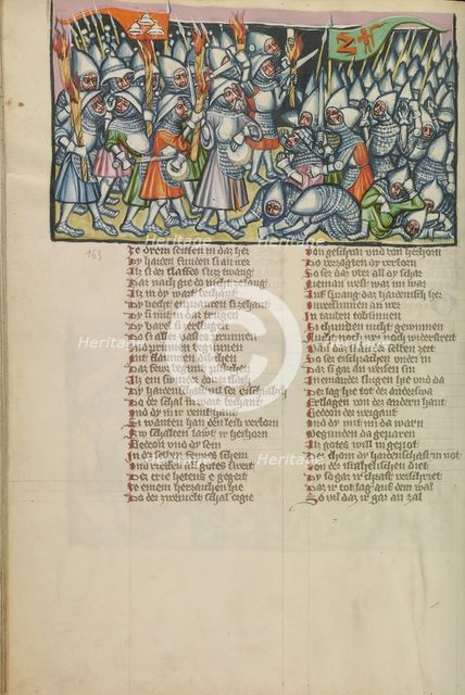 Gideon Attacking the Midianites at Night; Weltchronik, about 1400-1410. Creator: Unknown.