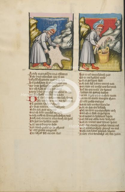 Gideon and the Miraculous Dryness of the Fleece: Gideon and the Dew on the Fleece, about 1400-1410. Creator: Unknown.