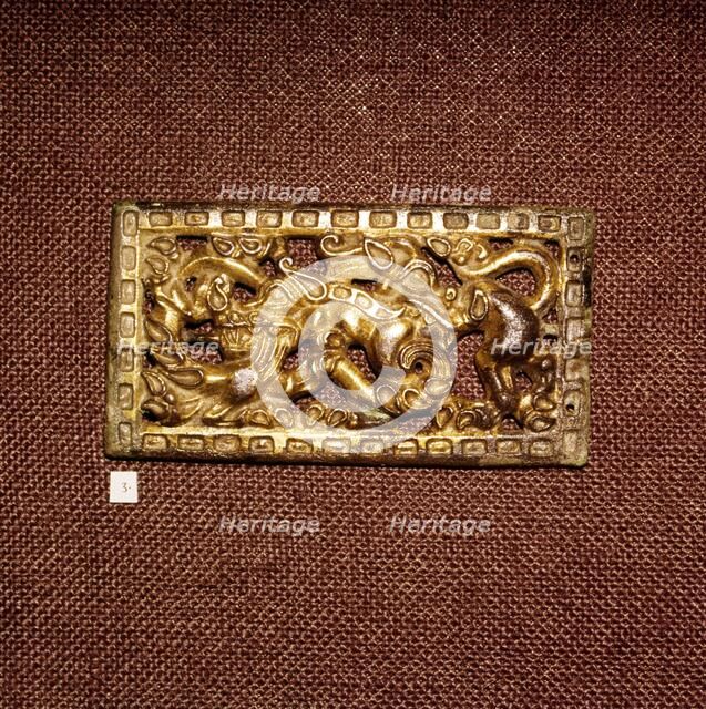 Gilded Bronze Harness Plaque of Two Animals Fighting, Ordos Region, c3rd century BC. Artist: Unknown.