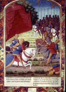 Gilead helps Perceval and they together defeat 20 men, miniature in the incunable Lancelot du La…