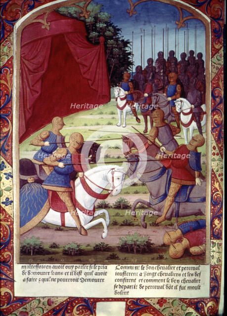 Gilead helps Perceval and they together defeat 20 men, miniature in the incunable 'Lancelot du La…