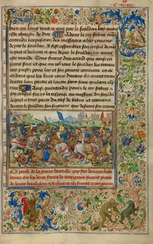 Gillion Defeating King Fabur during the Siege of Cairo; Roman de Gillion de Trazegnies, 1464. Creators: Lieven van Lathem, David Aubert
