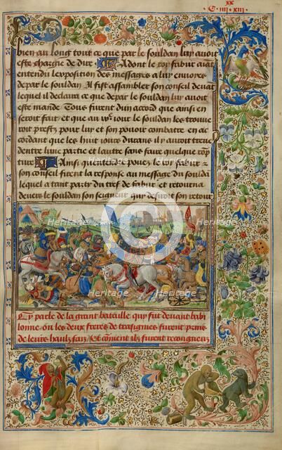 Gillion Defeating King Fabur during the Siege of Cairo; Roman de Gillion de Trazegnies, 1464. Creators: Lieven van Lathem, David Aubert.