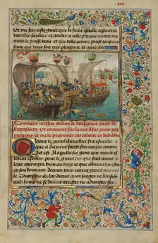 Gillion's Ship Attacked by the Sultan's Army; Roman de Gillion de Trazegnies, 1464. Creators: Lieven van Lathem, David Aubert
