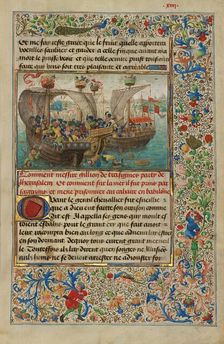 Gillion's Ship Attacked by the Sultan's Army; Roman de Gillion de Trazegnies, 1464. Creators: Lieven van Lathem, David Aubert