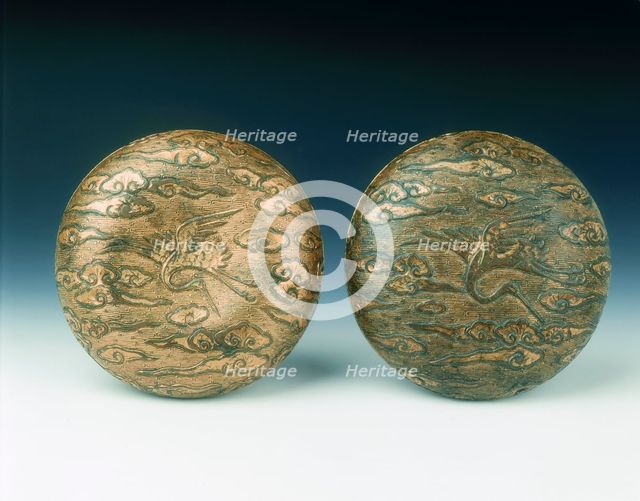 Gilt bronze covered box with crane amid clouds, Ming dynasty, China, 2nd half of 16th century. Creator: Unknown.