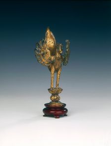 Gilt bronze bird on lotus applique, late Tang or Liao dynasty, China, 9th -10th century
