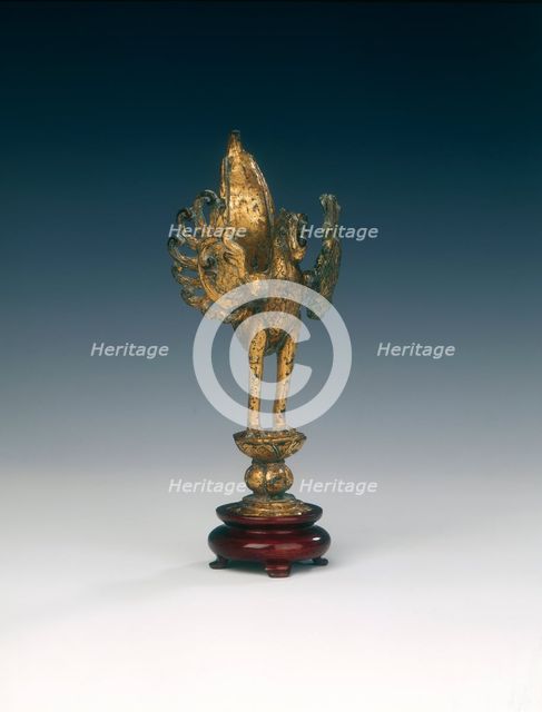 Gilt bronze bird on lotus applique, late Tang or Liao dynasty, China, 9th -10th century. Artist: Unknown