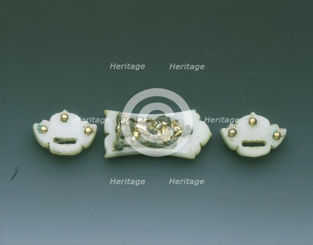 Gilt-bronze mounted group of three jade belt fittings, Liao dynasty or earlier, China, c907-1125. Artist: Unknown