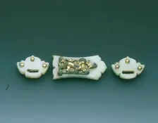 Gilt-bronze mounted group of three jade belt fittings, Liao dynasty or earlier, China, c907-1125. Creator: Unknown