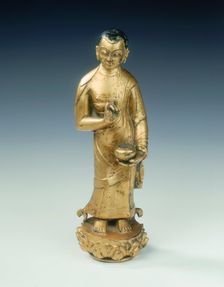 Gilt bronze statue of a standing monk with begging bowl, Yuan dynasty, China, 14th century. Creator: Unknown