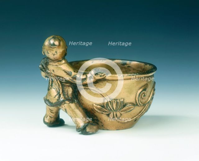 Gilt bronze water container with boy holding the rim, Ming dynasty, China, c early 16th century. Creator: Unknown.