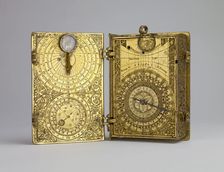 Gilt-brass cased clock-watch with alarm, sundials and lunar volvelle in the form of a book, c1580. Artist: Hans Kock