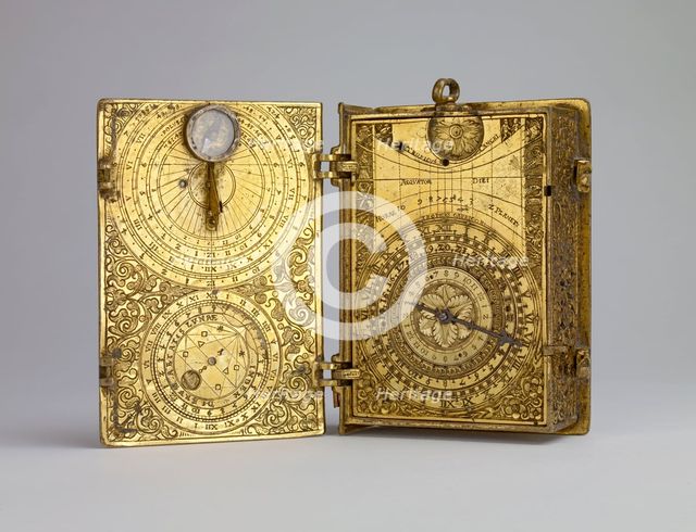 Gilt-brass cased clock-watch with alarm, sundials and lunar volvelle in the form of a book, c1580. Artist: Hans Kock.