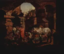 Gipsy Camp in Ancient Ruins, 1675. Creator: Johann Heinrich Roos