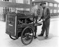 Gipsy knife-grinder with his handcart, Horley, Surrey, 1964
