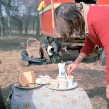 Gipsy woman making tea, Charlwood, Newdigate area, Surrey, 1964