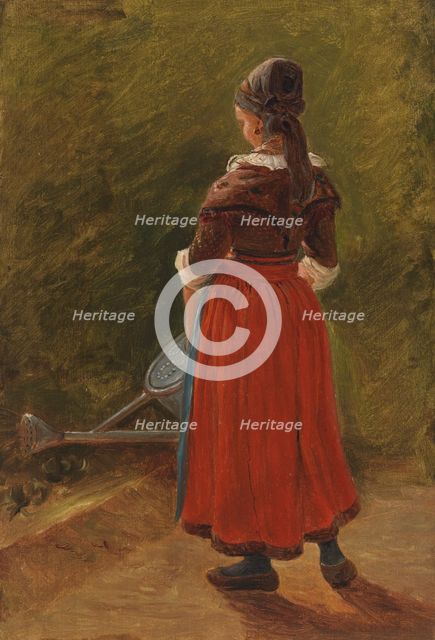 Girl watering flowers, exercise, c1854. Creator: Werner Holmberg.