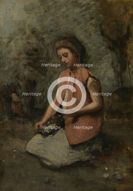 Girl Weaving a Garland, 1860-65. Creator: Jean-Baptiste-Camille Corot.