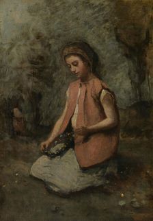 Girl Weaving a Garland, 1860-65. Creator: Jean-Baptiste-Camille Corot
