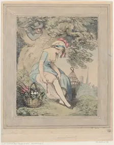 Girl with a Basket and Birdcage Adjusting Her Garter, 1785-95., 1785-95. Creator: Thomas Rowlandson