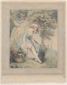 Girl with a Basket and Birdcage Adjusting Her Garter, 1785-95., 1785-95. Creator: Thomas Rowlandson