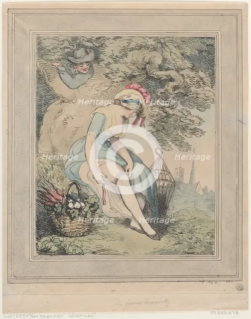 Girl with a Basket and Birdcage Adjusting Her Garter, 1785-95., 1785-95. Creator: Thomas Rowlandson.