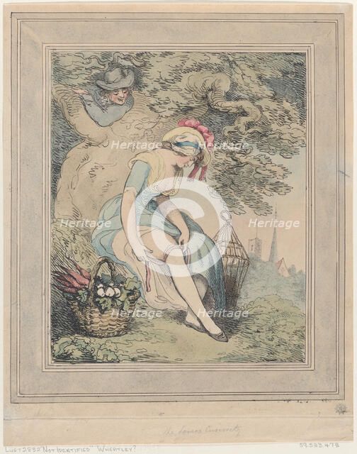 Girl with a Basket and Birdcage Adjusting Her Garter, 1785-95., 1785-95. Creator: Thomas Rowlandson.