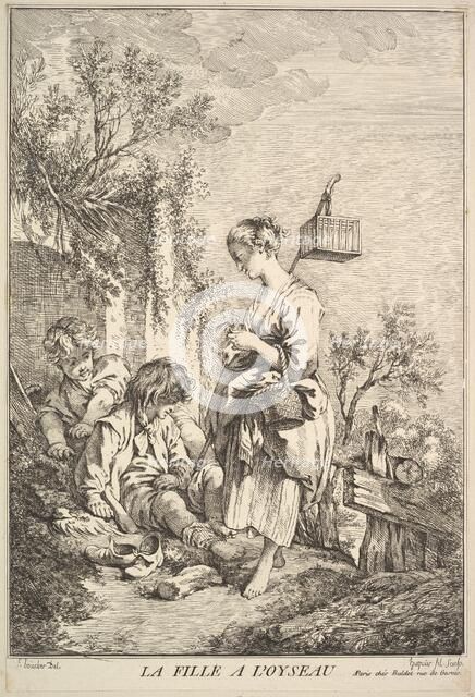 Girl with a Bird, mid to late 18th century. Creator: Jacques Gabriel Huquier.