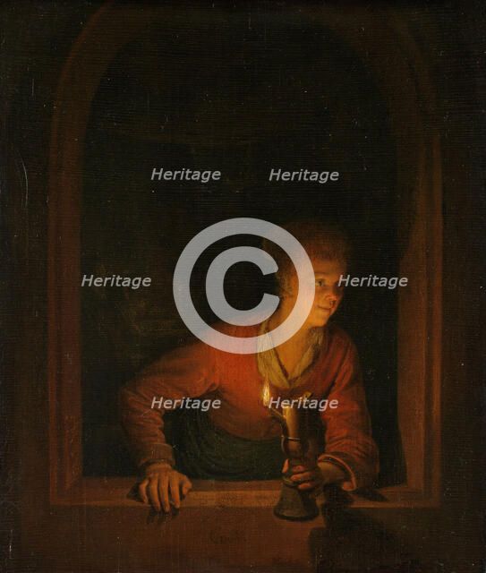 Girl with an Oil Lamp at a Window, 1645-1675. Creator: Gerrit Dou.