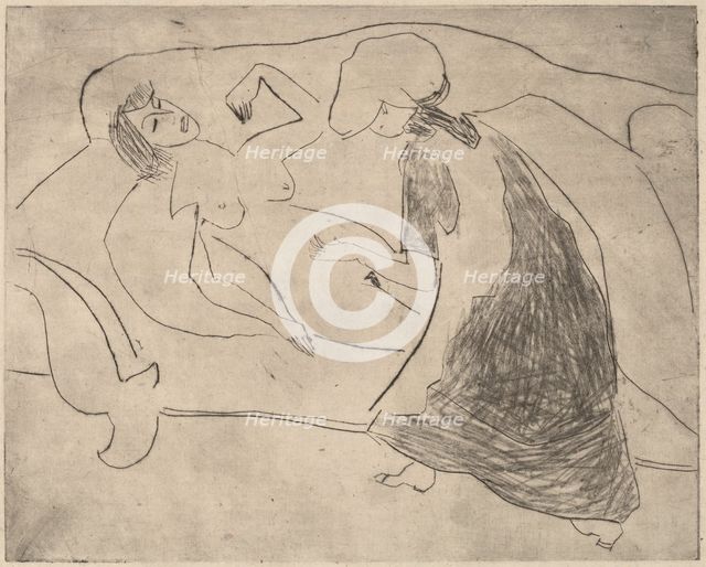Girl, with Another Rubbing Her Belly, 1910. Creator: Ernst Kirchner.