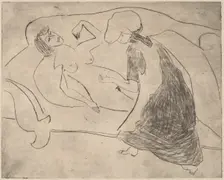 Girl, with Another Rubbing Her Belly, 1910. Creator: Ernst Kirchner