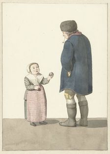 Girl with ball standing in front of a man, 1700-1800. Creator: W. Barthautz