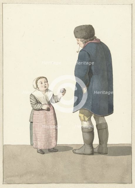 Girl with ball standing in front of a man, 1700-1800. Creator: W. Barthautz.