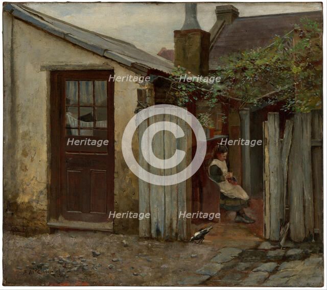 Girl with bird at the King Street bakery, 1886. Artist: McCubbin, Frederick (1855-1917)