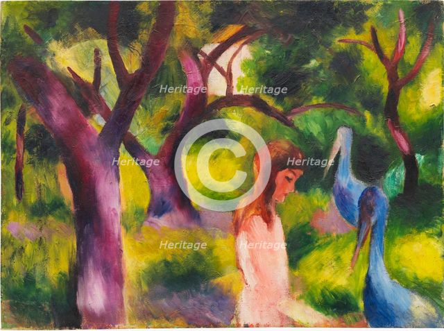Girl with blue birds (Kid with blue birds), 1914. Creator: Macke, August (1887-1914).