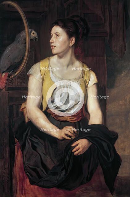 Girl with parrot, 1876. Creator: Hans Canon.