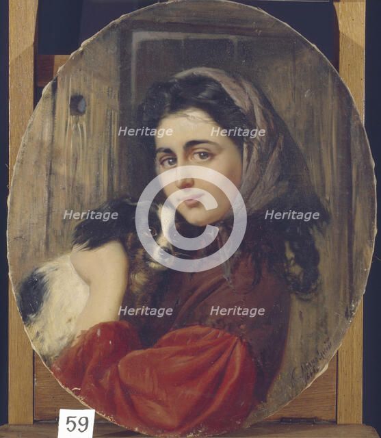 Girl With Small Dog. Artist: Makovsky, Konstantin Yegorovich (1839-1915)