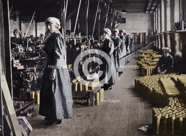 'Girl workers in a munitions factory', 1915. Artist: Unknown.