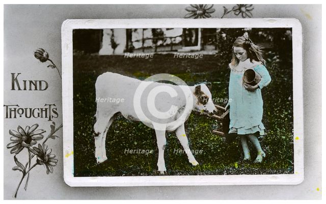 Girl about to milk a cow, greetings card, c1890-1910(?). Artist: Unknown