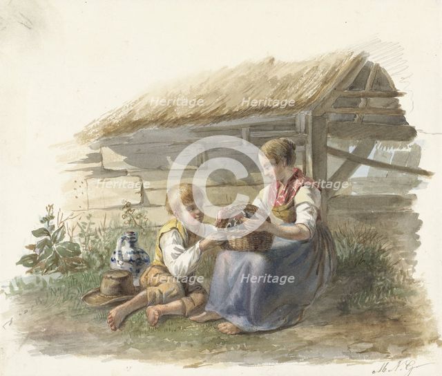 Girl and boy with a basket of chicks, 1878-1903. Creator: Maximilienne Guyon.